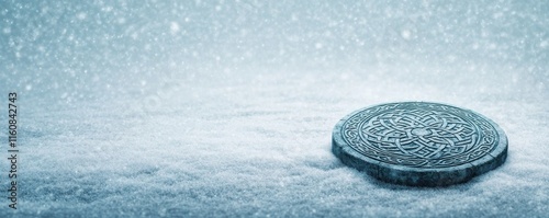 An ancient circular object, possibly a Celtic shield, lies half buried in the snow, displaying engraved designs reminiscent of historical battlefields The intricate patterns are detailed and aged photo