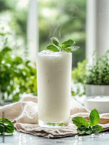 Chilled ayran drink with a hint of mint in a tall glass with condensation droplets, surrounded by mint sprigs and a rustic napkin in a bright and clean setting
Generative AI