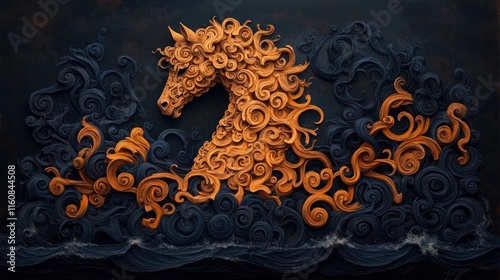 Discover an ethereal depiction of an Irish kelpie emerging from dark waters, its mane forming intricate Celtic swirls, in this captivating artwork Explore the mythic beauty of Celtic lore, where photo