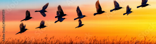 Climate change ecosystem global crisis. Flock of birds at sunset over grassland photo