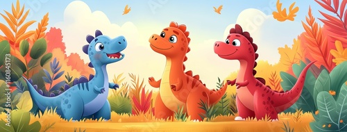 Cute dinosaur kids drawing cartoon illustration. Jurassic world animal. Generative AI technology.	
