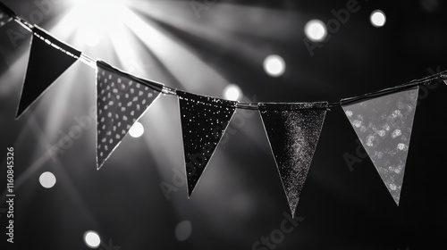 Black and white party bunting with lights. photo