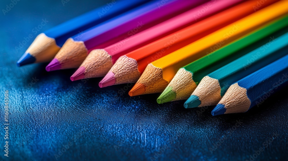 Colorful Pencils Arranged in a Row on a Textured Dark Surface Colorful Pencils Arranged in a Row on a Textured Dark Surface