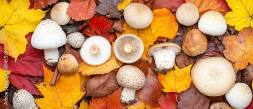 Autumn inspired arrangement of assorted wild mushrooms and colorful leaves, celebrating the seasonal beauty of foraged fungi in nature photography photo