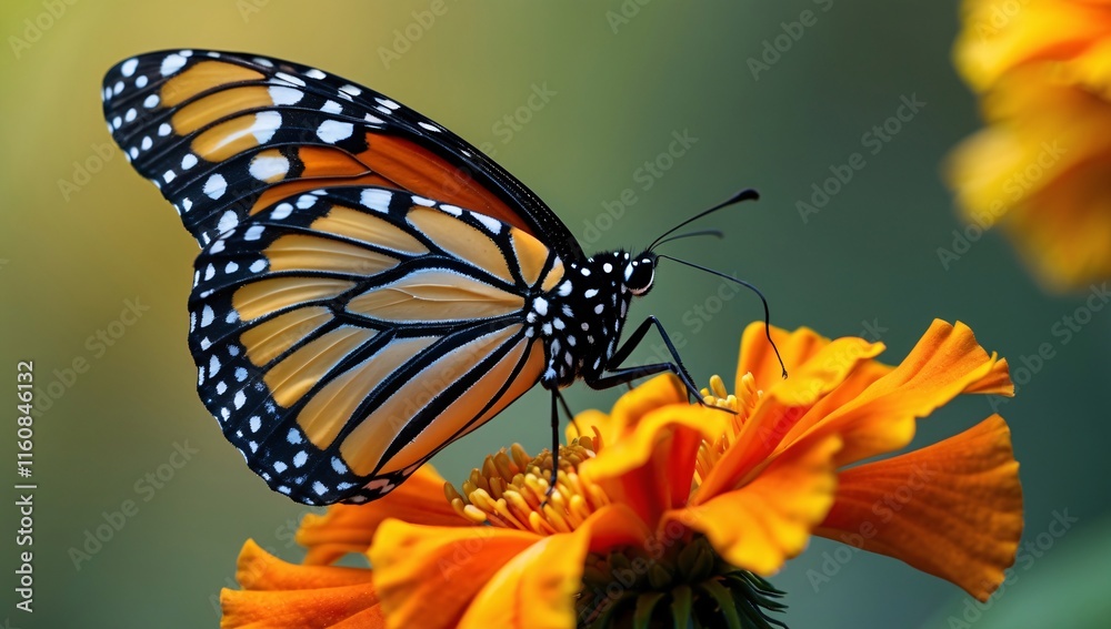 Obraz premium Delicate monarch butterfly gracefully perched on vibrant orange flower during a warm afternoon