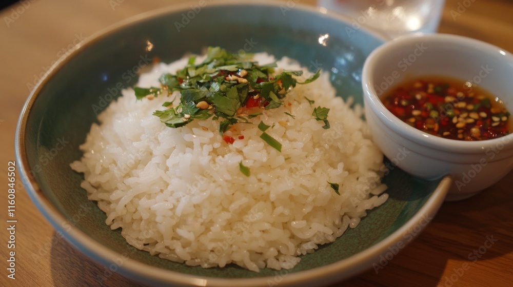 Freshly Cooked Rice Topped with Herbs and Accompanied by Sauce Freshly Cooked Rice Topped with Herbs and Accompanied by Sauce