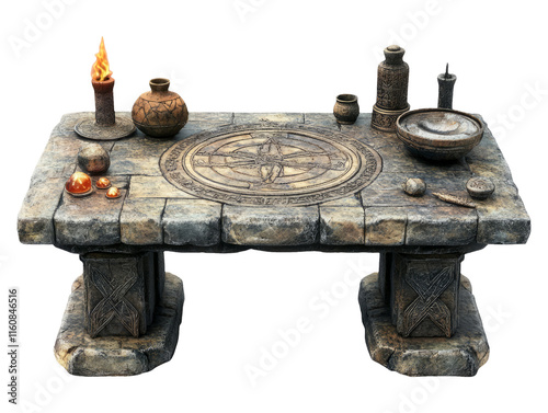 Mystical Altar Table with Ancient Runes and Artifacts Displayed