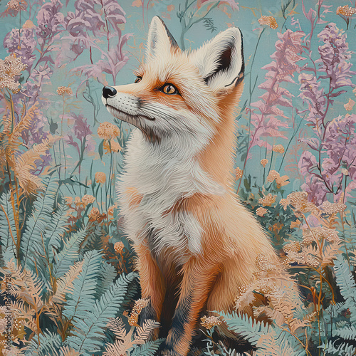 a fox sitting gracefully in colorful field of flowers and foliage, showcasing its vibrant fur and expressive eyes. serene atmosphere evokes sense of tranquility and beauty photo