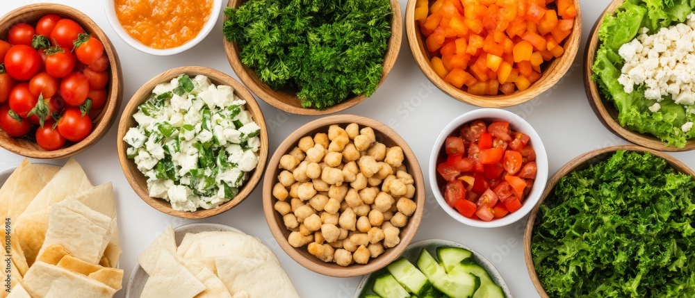Vibrant assortment of Middle Eastern mezze bowls with hummus, tabbouleh, and fresh vegetables, surrounded by pita chips and colorful garnishes for a festive meal spread Vibrant assortment of Middle Eastern mezze bowls with hummus, tabbouleh, and fresh vegetables, surrounded by pita chips and colorful garnishes for a festive meal spread