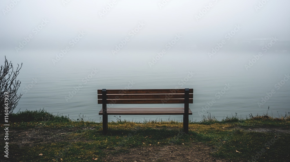 Tranquil Empty Bench by a Misty Lake Under Cloudy Sky Tranquil Empty Bench by a Misty Lake Under Cloudy Sky
