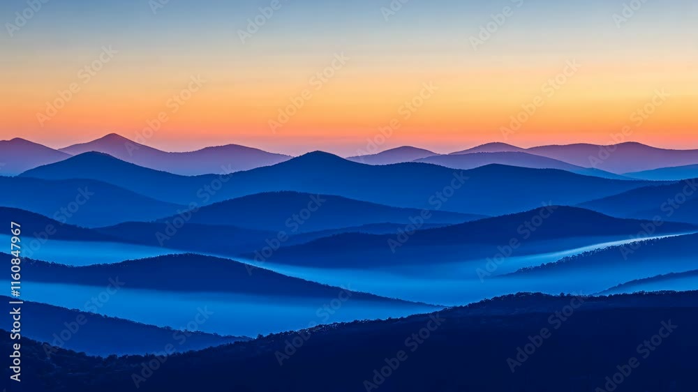 Serene Mountain Landscape at Sunrise with Layers of Mist and Soft Color Palette Serene Mountain Landscape at Sunrise with Layers of Mist and Soft Color Palette