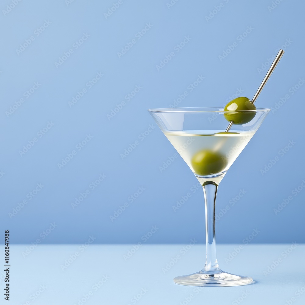 Martini with a single green olive on a skewer, served in a crystal clear glass against a calming blue background, evoking sophistication and tranquility Martini with a single green olive on a skewer, served in a crystal clear glass against a calming blue background, evoking sophistication and tranquility