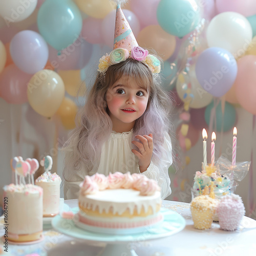 joyful girl with pastel colored hair celebrates her birthday with cake and colorful decorations. scene is filled with balloons and sweet treats, creating festive atmosphere photo