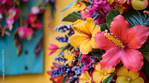 National Hispanic heritage month festival banner with tropical flowers pattern, vector ethnic floral ornament. Hispanic Americans culture, tradition and art heritage background for Latin folk festival photo