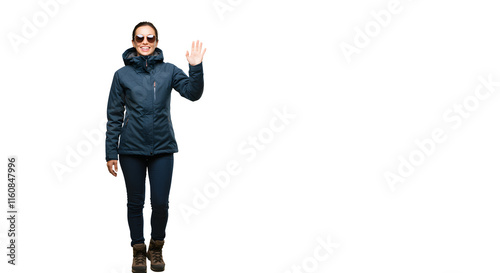 Smiling Woman Winter Jacket Sunglasses Waving Hello White Background