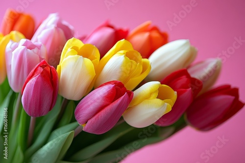 Colorful bouquet of tulips displayed on a soft pink background during spring season celebration