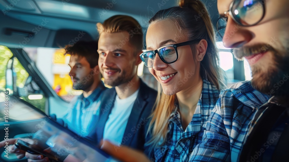 A team of professionals navigating through a digital map on a tablet while traveling together in a modern, electric shuttle. A team of professionals navigating through a digital map on a tablet while traveling together in a modern, electric shuttle.