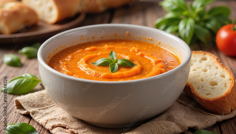Creamy pumpkin soup garnished with basil in a bowl served with bread in a rustic kitchen setting
Creamy pumpkin soup garnished with basil in a bowl served with bread in a rustic kitchen setting
