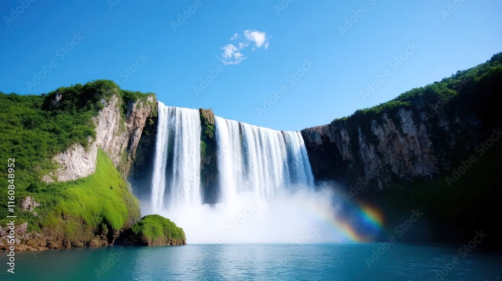 Fototapeta premium Majestic waterfall cascading into a serene blue lake under clear skies.