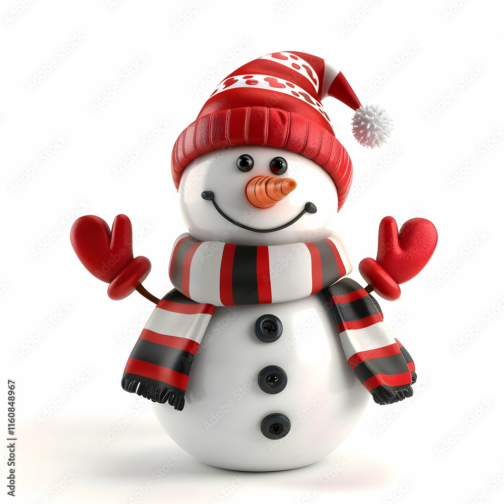 Cheerful Snowman in Red Hat and Striped Scarf for Winter Holidays Cheerful Snowman in Red Hat and Striped Scarf for Winter Holidays