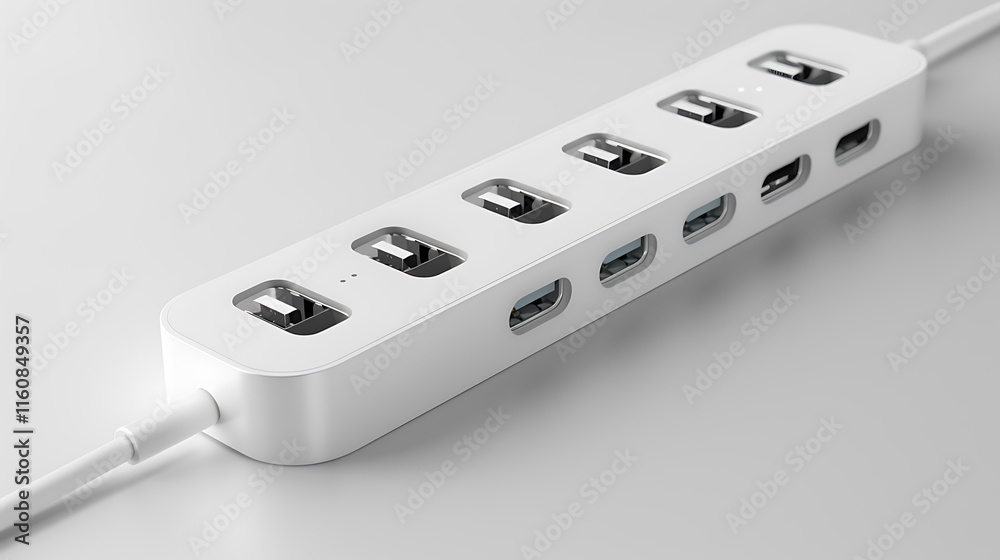 A smart power strip with USB charging ports on white. A smart power strip with USB charging ports on white.