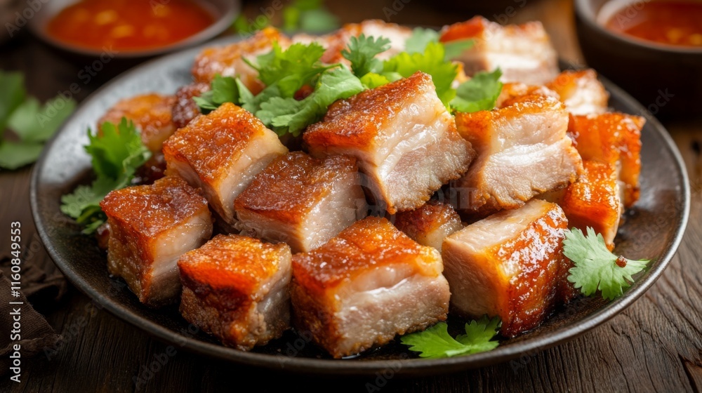 Crispy Pork Belly Served on a Dark Plate with Fresh Herbs Garnish Crispy Pork Belly Served on a Dark Plate with Fresh Herbs Garnish