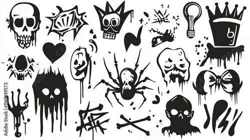 Graffiti spray paint, grunge ink icons. Vector set of black urban and street culture elements. Spider, skull, crown and rabbit head, musical notes, lightning bolt and heart. Eye, megaph, light bulb photo