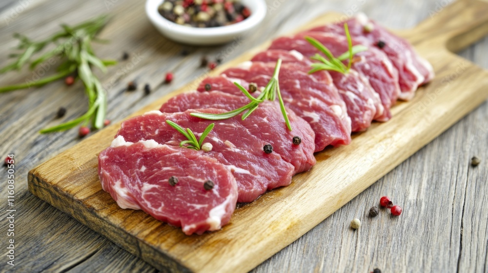 Fresh Raw Beef Slices with Spices on Wooden Board Background Fresh Raw Beef Slices with Spices on Wooden Board Background