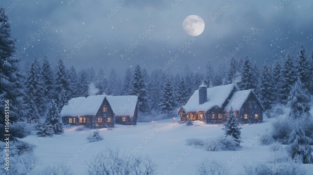 Snowy winter night scene with two illuminated cabins in a snow-covered forest under a full moon.