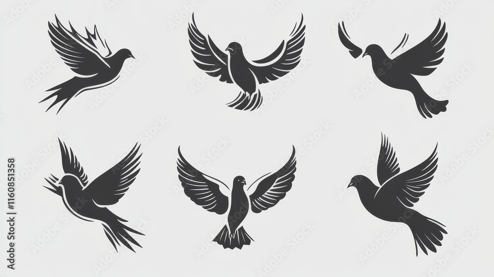 Pigeons and doves symbol set for peace or wedding concept design, such  a logo. Jpeg version also available in gallery