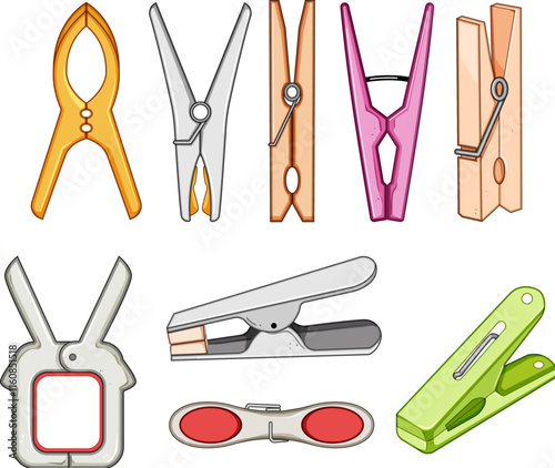 clothespin set cartoon. peg wooden, plastic grip, line secure clothespin sign. isolated symbol vector illustration