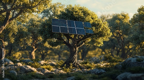 Innovative solar powered tree growing in a digital landscape showcasing the fusion of nature and advanced renewable energy technology for a sustainable future photo