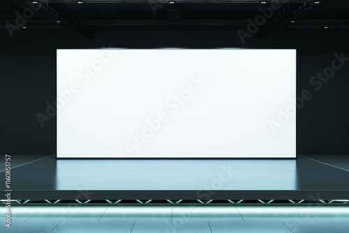 Wallpaper Mural Blank white screen on an elevated stage in a dark room with modern lighting, perfect for exhibitions, displays, or presentations. 3D Rendering Torontodigital.ca