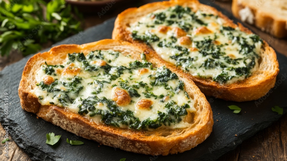 Delicious Spinach and Cheese Toast on Rustic Wooden Table Delicious Spinach and Cheese Toast on Rustic Wooden Table