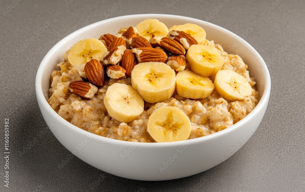 Warm oatmeal bowl topped with banana slices, walnuts, and raisins, evoking a wholesome and nutritious breakfast for health conscious food visuals Warm oatmeal bowl topped with banana slices, walnuts, and raisins, evoking a wholesome and nutritious breakfast for health conscious food visuals