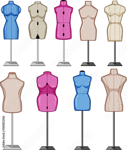 mannequin tailor set cartoon. fashion garment, fabric dressform, couture bespoke mannequin tailor sign. isolated symbol vector illustration