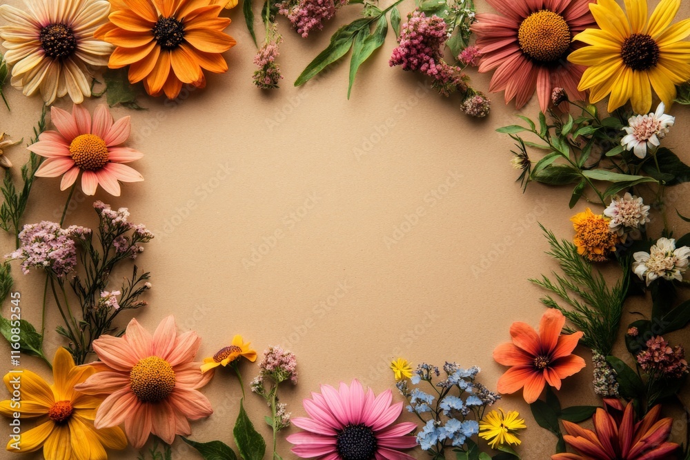 Fototapeta premium Colorful flower arrangement with various blooms forming a vibrant border against a neutral background