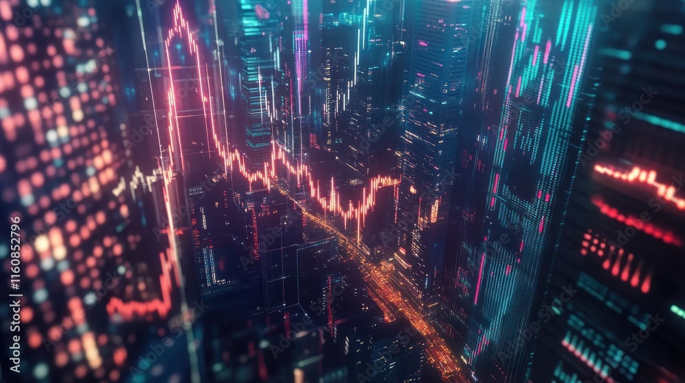 Futuristic city skyline with dynamic stock market graph overlay. Futuristic city skyline with dynamic stock market graph overlay.