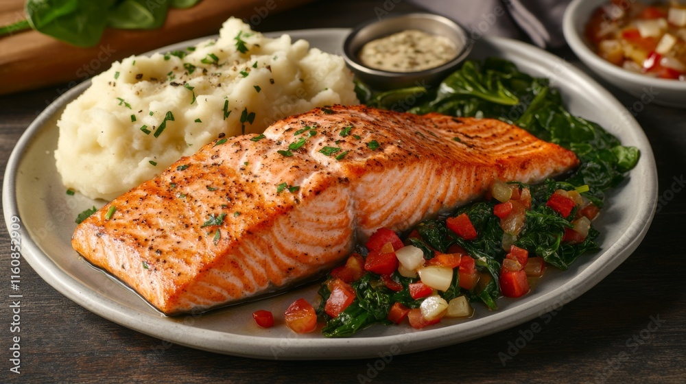 Grilled Salmon Fillet Served with Mashed Potatoes and Vegetables Grilled Salmon Fillet Served with Mashed Potatoes and Vegetables