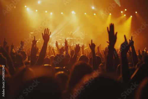 Energetic concert scene with raised hands against backdrop of vi