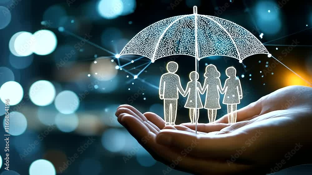 Family Protection Concept with Umbrella and Digital Icon