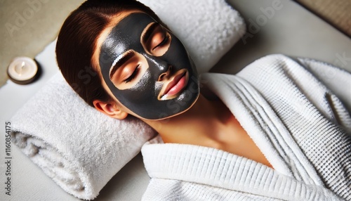 Woman relaxing with a charcoal facial mask photo