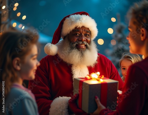 Warmhearted Santa Presents Illuminated Gift to Children in Festive Night Scene photo