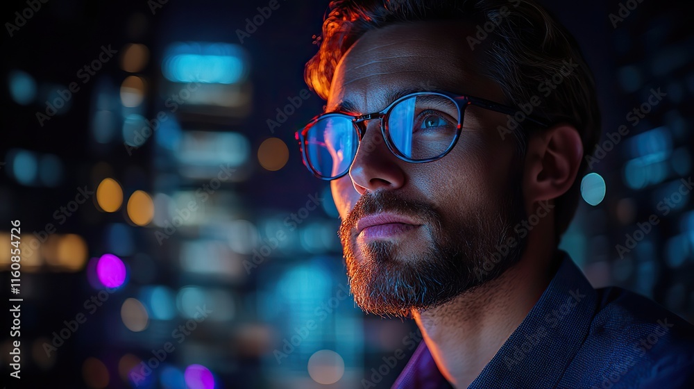 Programming business, man working on tablet at night for information technology, artificial intelligence, confident corporate worker, data analysis Programming business, man working on tablet at night for information technology, artificial intelligence, confident corporate worker, data analysis