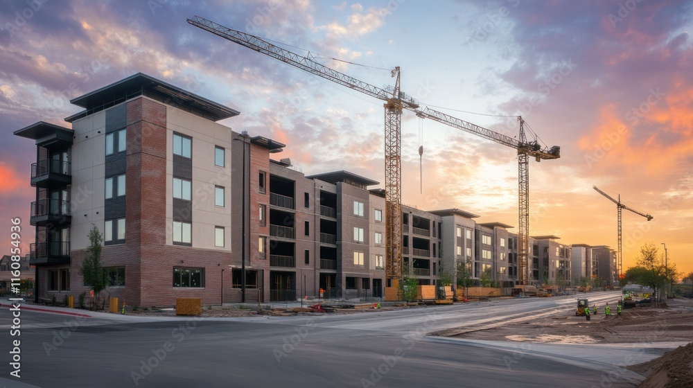 Apartment complex under construction at sunset. Apartment complex under construction at sunset.