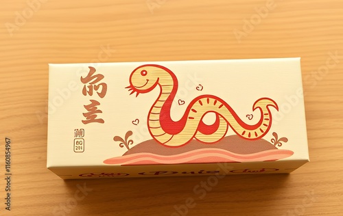 Charming Cartoon Snake on Creamy Box:  Whimsical Asian-Inspired Packaging Design photo