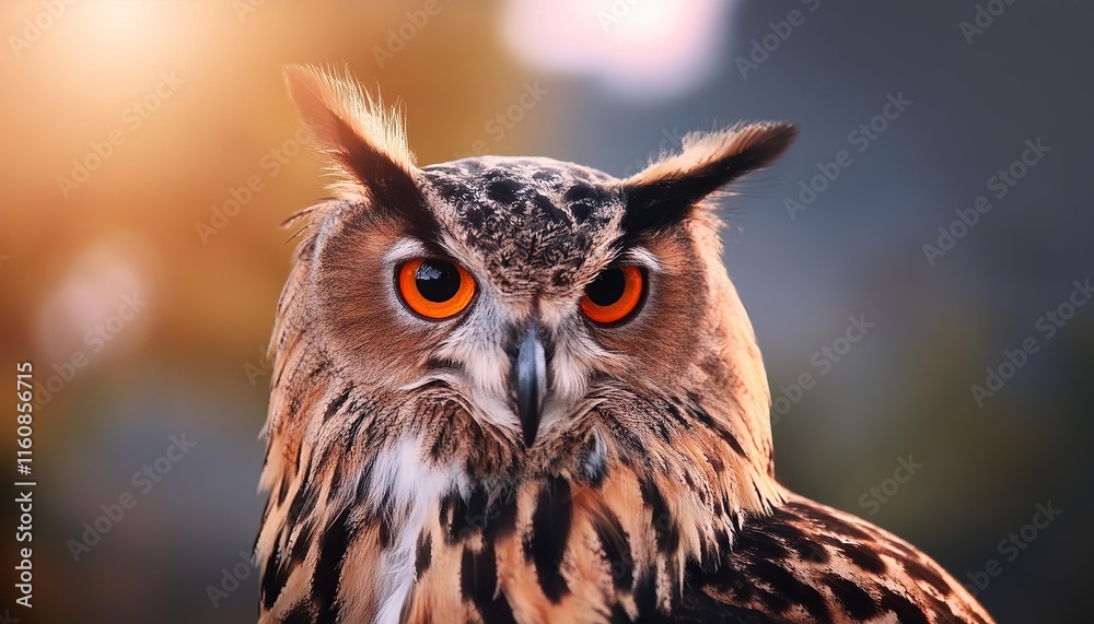 Obraz premium eagle owl with big orange eyes and black beak looking to camera