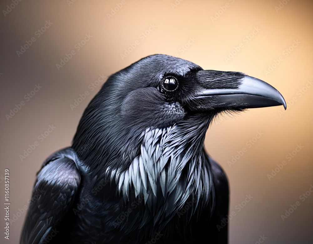 Raven portrait blurry background. Black big bird with black beak and eye Raven portrait blurry background. Black big bird with black beak and eye