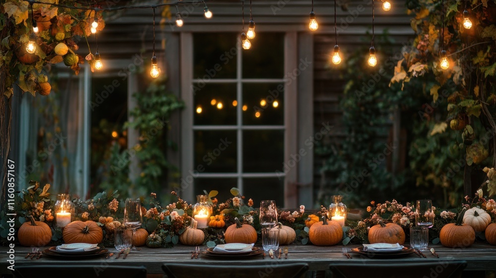 Autumnal outdoor dinner party table setting with pumpkins, candles, and string lights. Autumnal outdoor dinner party table setting with pumpkins, candles, and string lights.