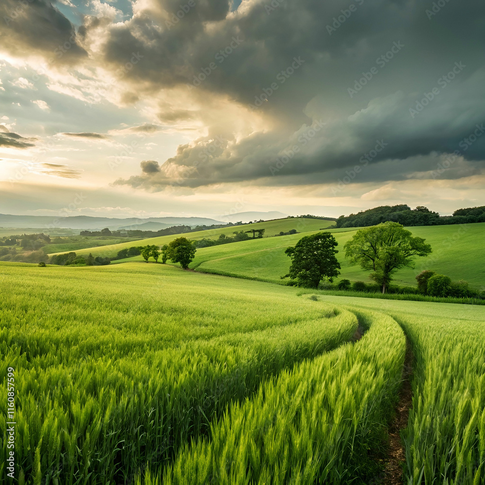 Fototapeta premium green agriculture field with cloudy sky background